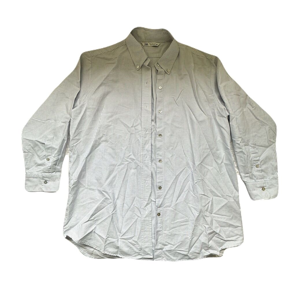 Zara Mens Button Down Shirt Medium Light Blue White Pinstripe 100% Cotton